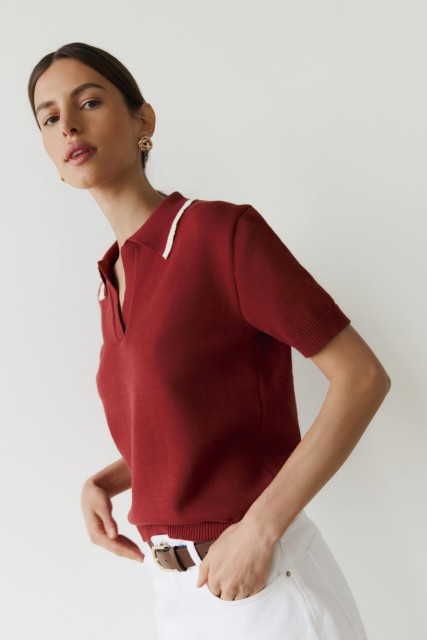 Polo Lora Bordo - Dzianinowa koszulka polo z jedwabiem